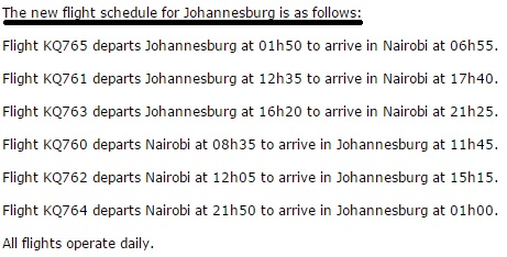 list of kenya airways' new routes between johannesburg and nairobi